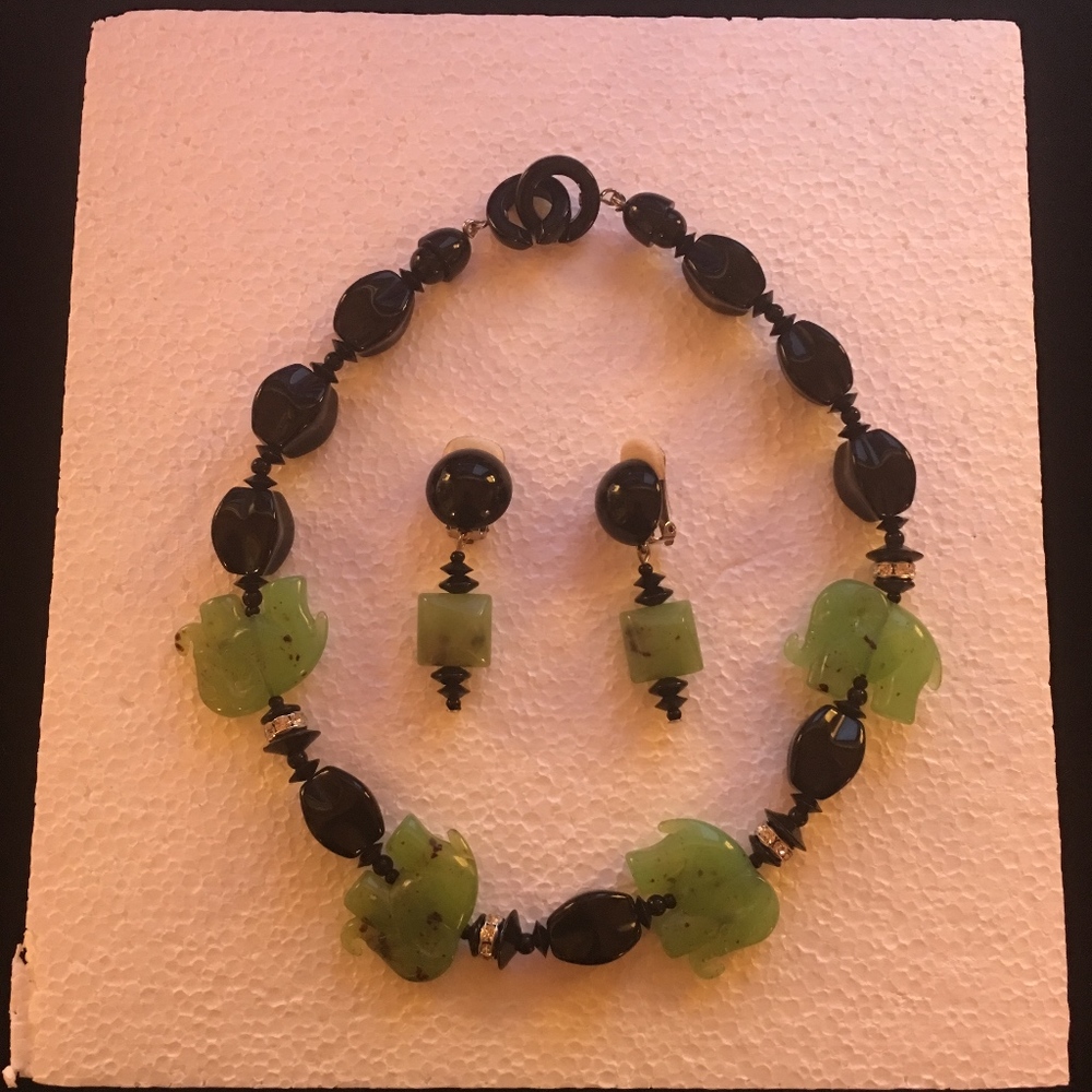 Black & Green Elephant Necklace & Earrings